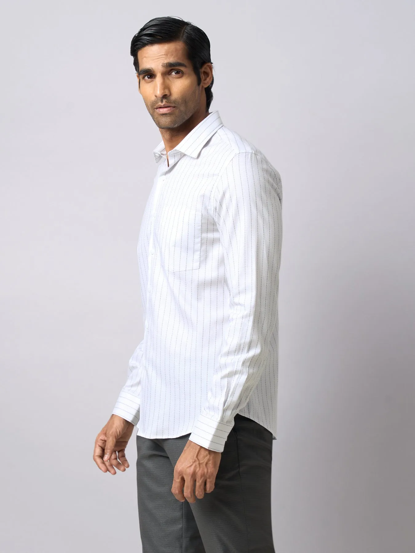 100% Cotton White Striped Slim Fit Full Sleeve Formal Shirt