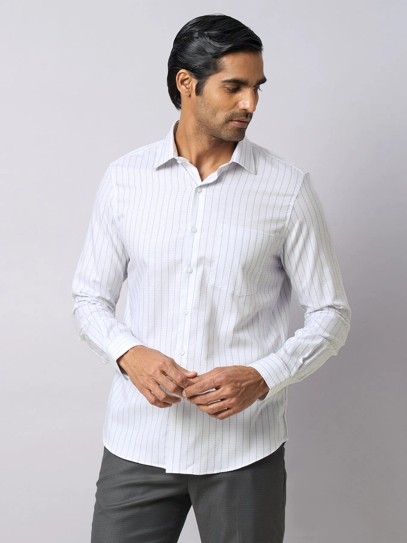 100% Cotton White Striped Slim Fit Full Sleeve Formal Shirt