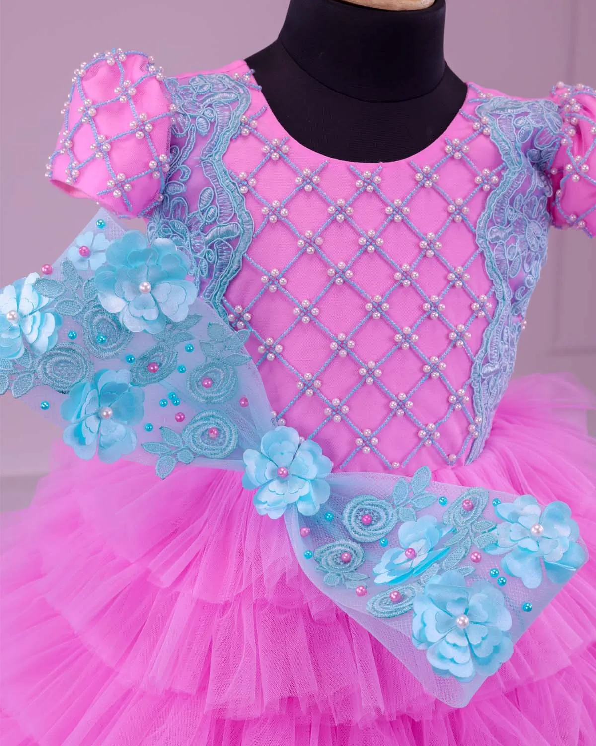 2-IN-1 heavy handcrafted pink and sky blue party gown