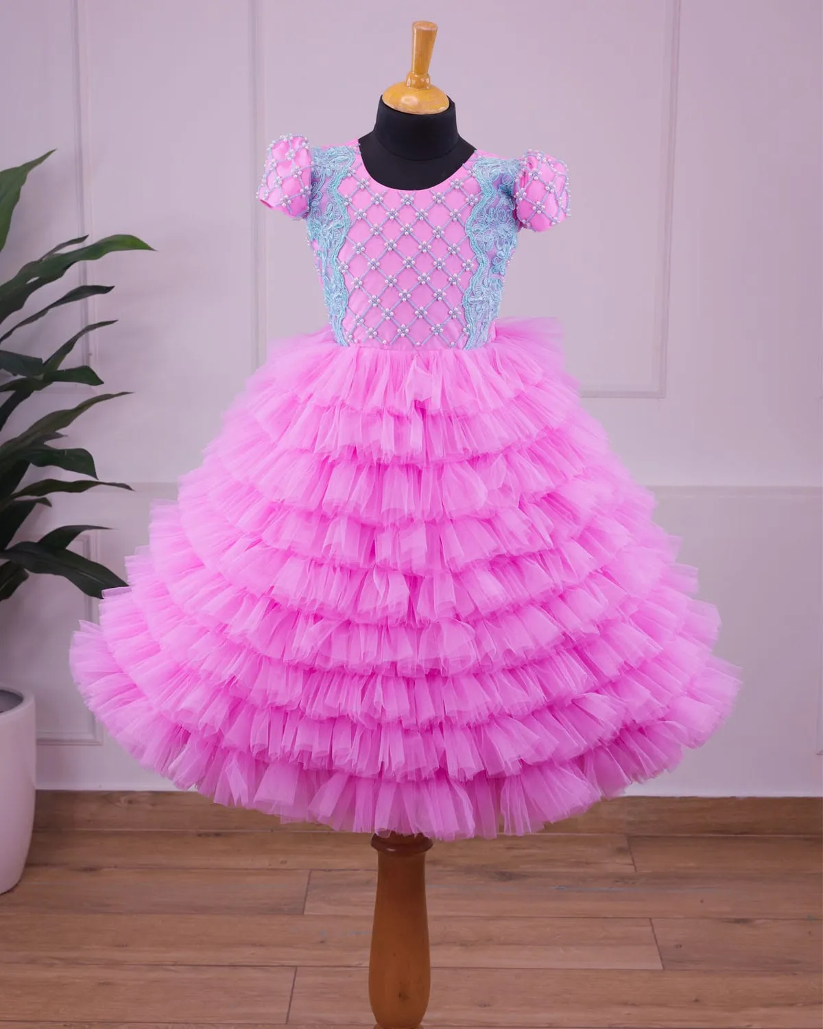 2-IN-1 heavy handcrafted pink and sky blue party gown