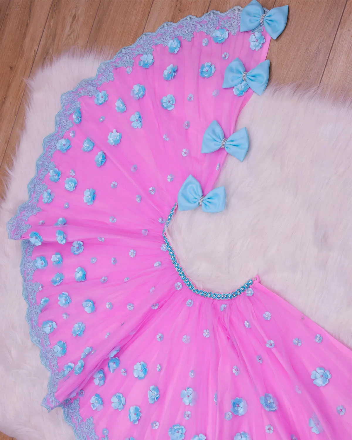 2-IN-1 heavy handcrafted pink and sky blue party gown