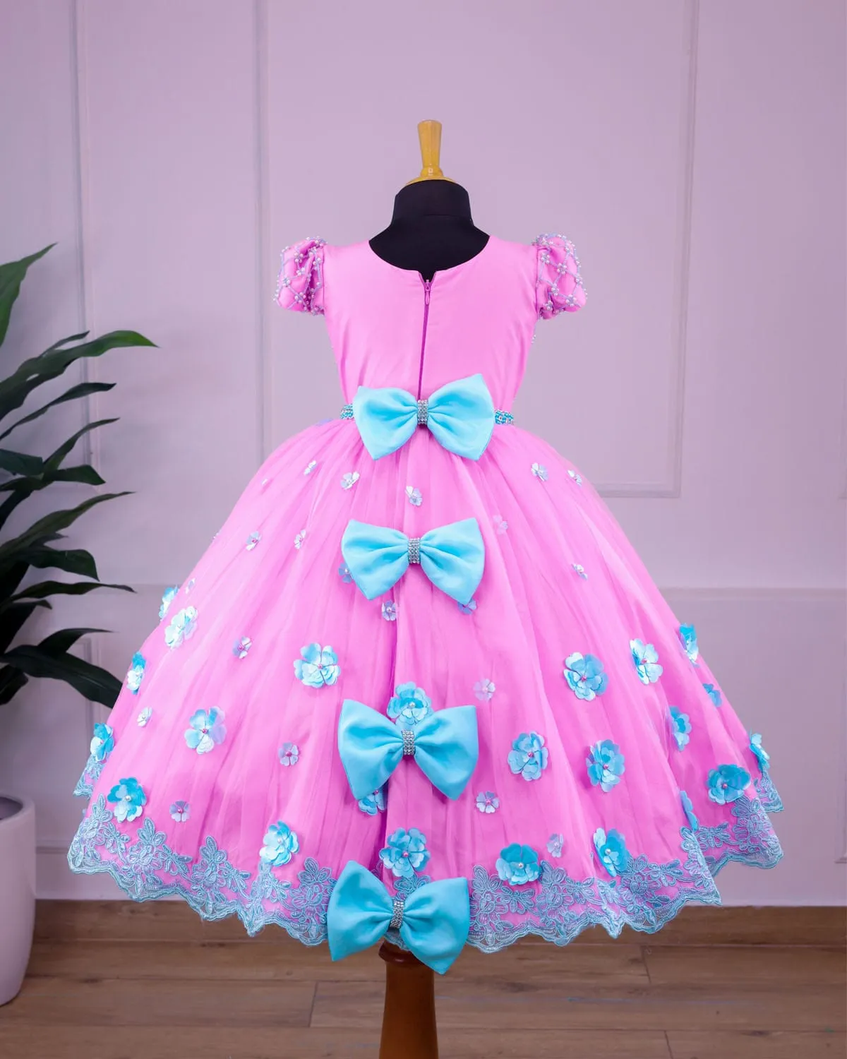 2-IN-1 heavy handcrafted pink and sky blue party gown