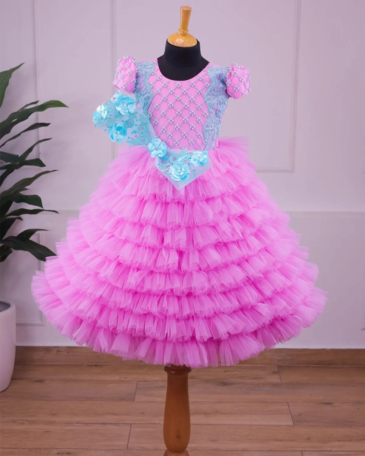 2-IN-1 heavy handcrafted pink and sky blue party gown