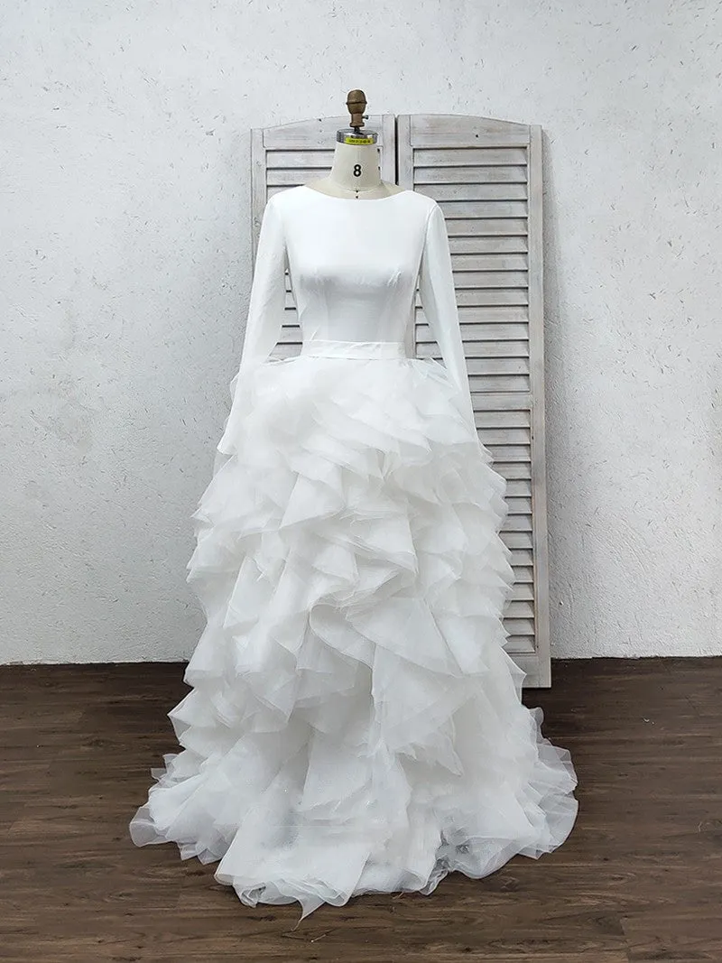 A-Line Tulle Ruffles Bateau Long Sleeves Court Train Wedding Dresses