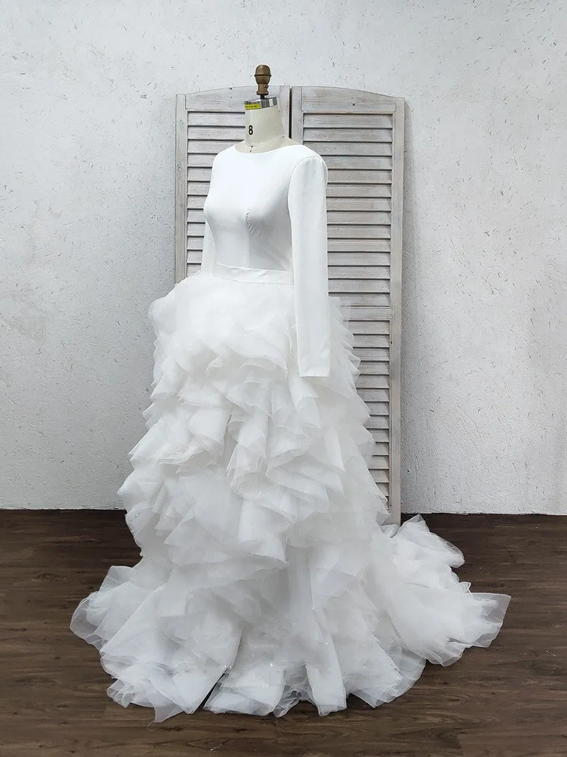 A-Line Tulle Ruffles Bateau Long Sleeves Court Train Wedding Dresses