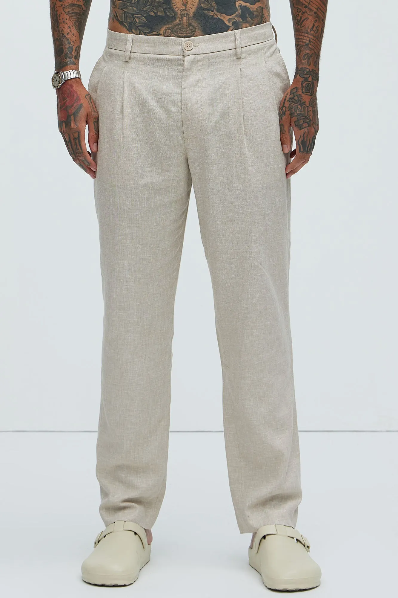 Bahamas Straight Pleated Linen Trousers - Stone