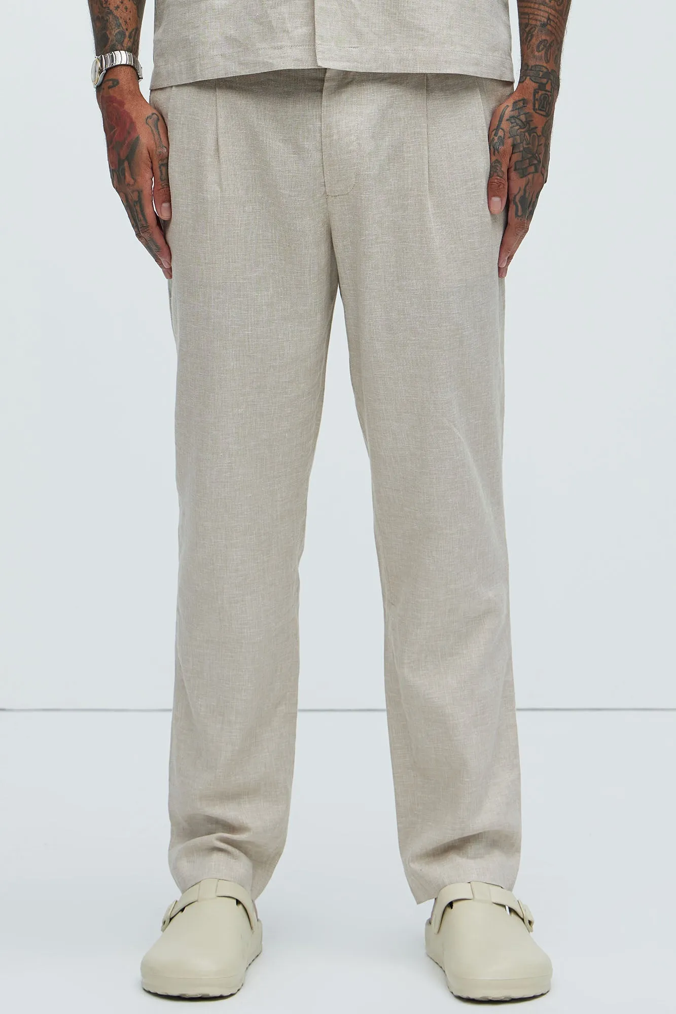 Bahamas Straight Pleated Linen Trousers - Stone