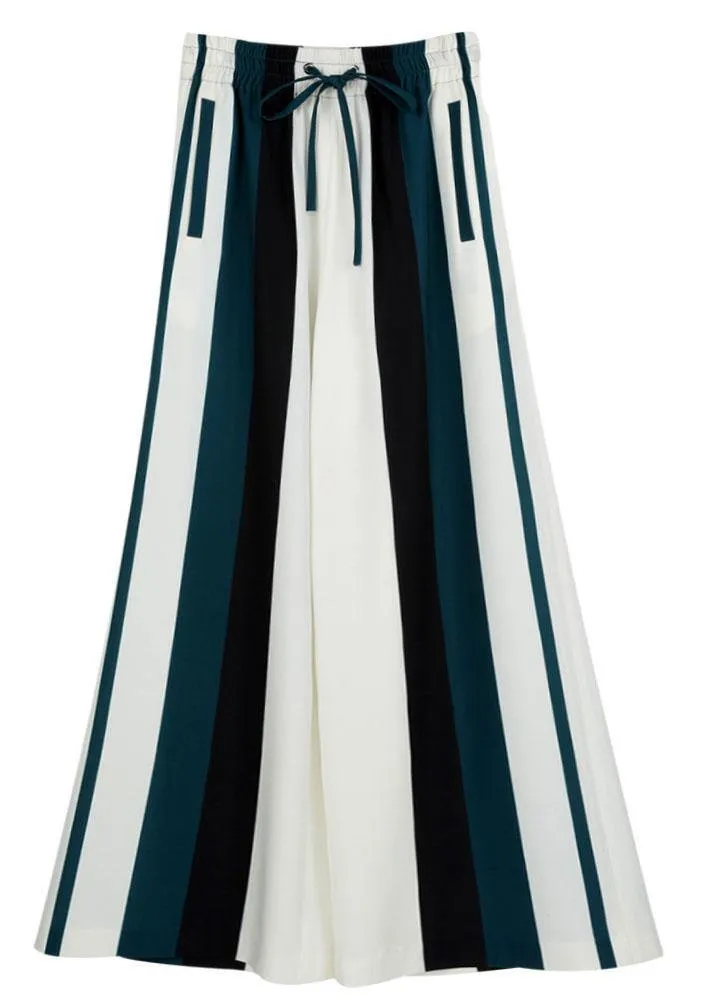 Bohemian White Striped Pockets Wide Leg  Pants