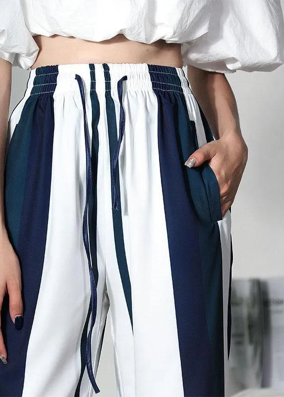 Bohemian White Striped Pockets Wide Leg  Pants