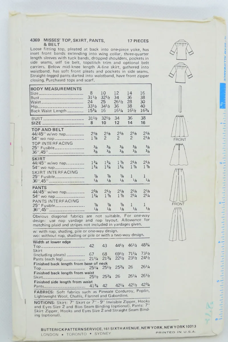 Butterick 4369 Vintage 1975 Top Skirt Pants & Belt Sewing Pattern