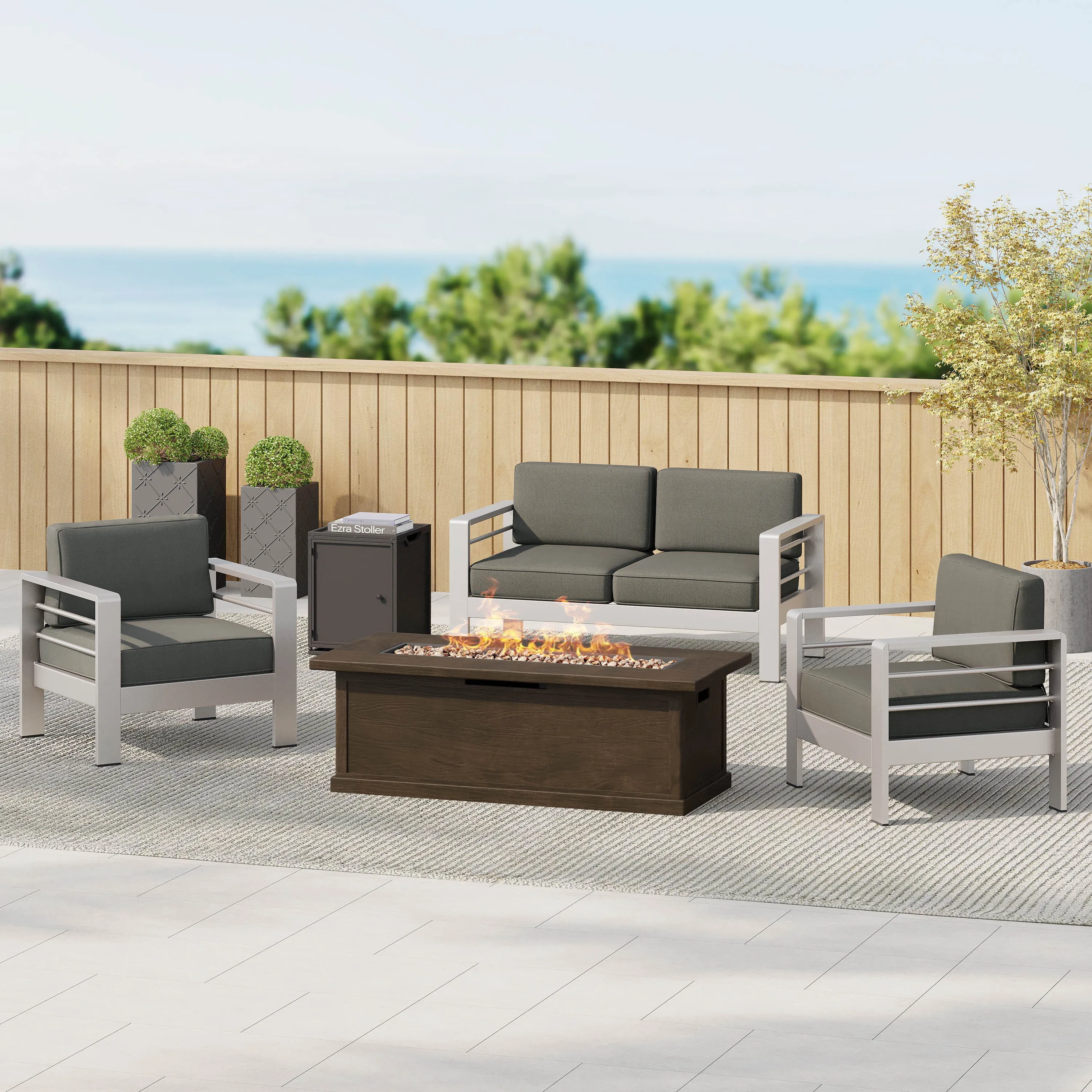 Crested Bay Outdoor Aluminum 3-piece Chat Set with 56-inch Rectangular Liquid Propane Fire Table