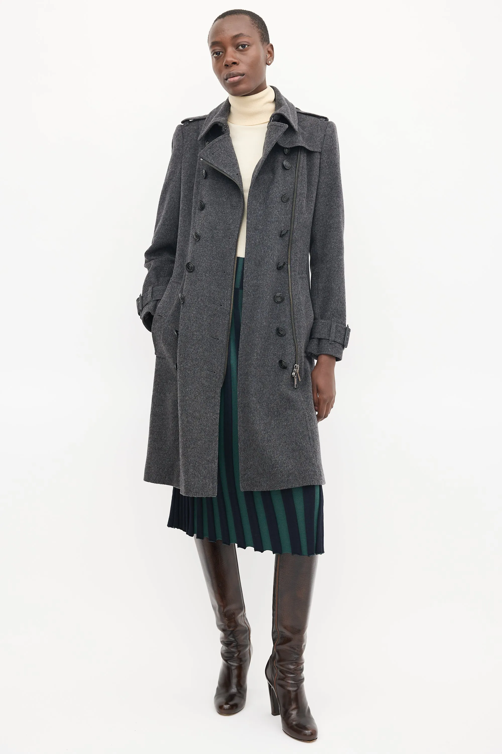 Dark Grey Wool Double Breasted Trench Coat