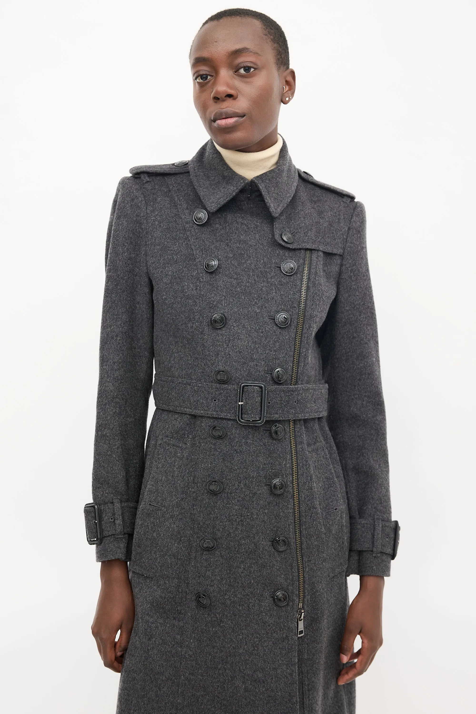 Dark Grey Wool Double Breasted Trench Coat