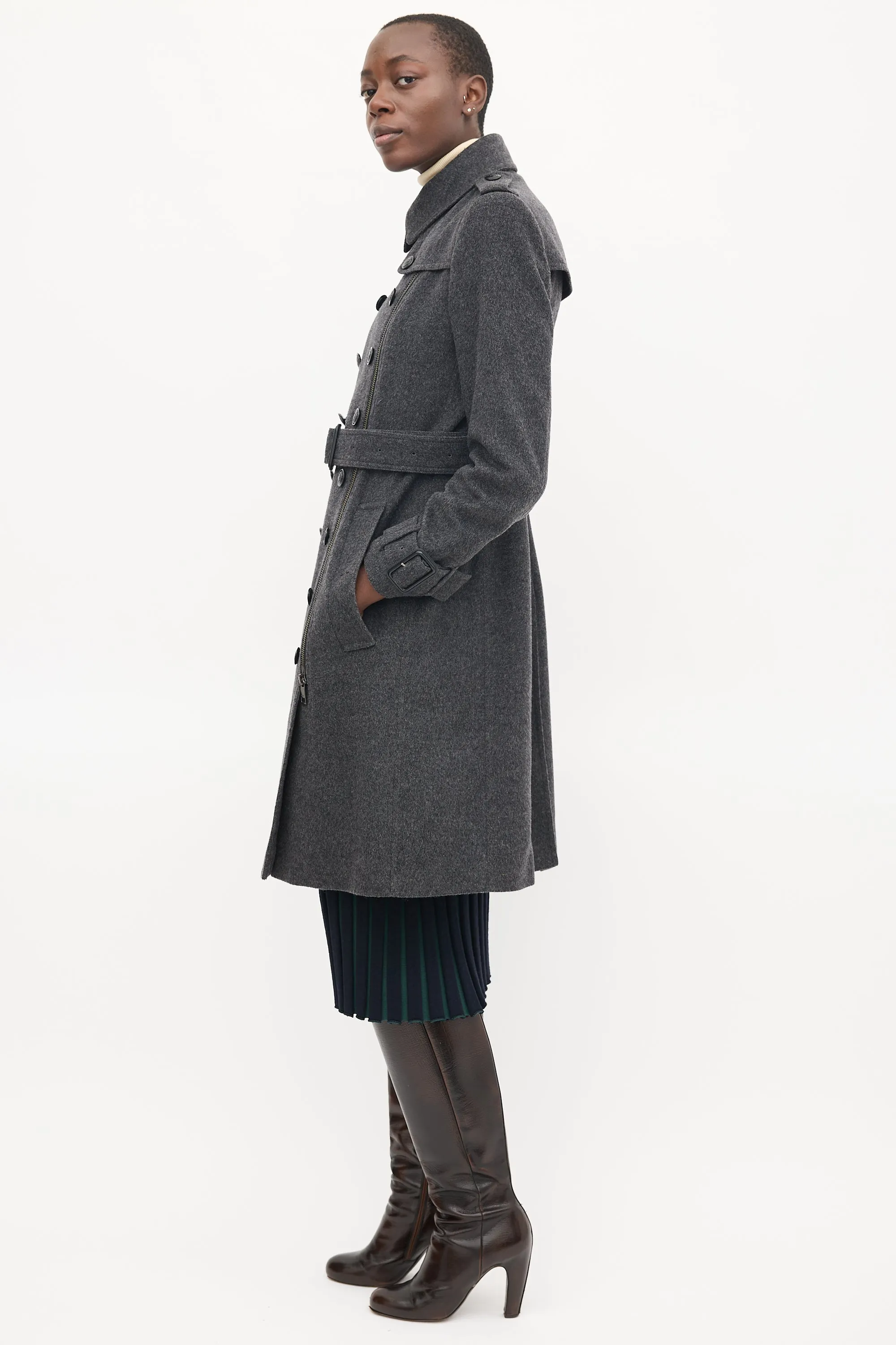 Dark Grey Wool Double Breasted Trench Coat