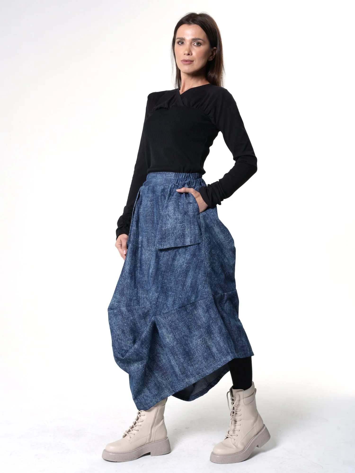 Denim Skirt with Draped Details