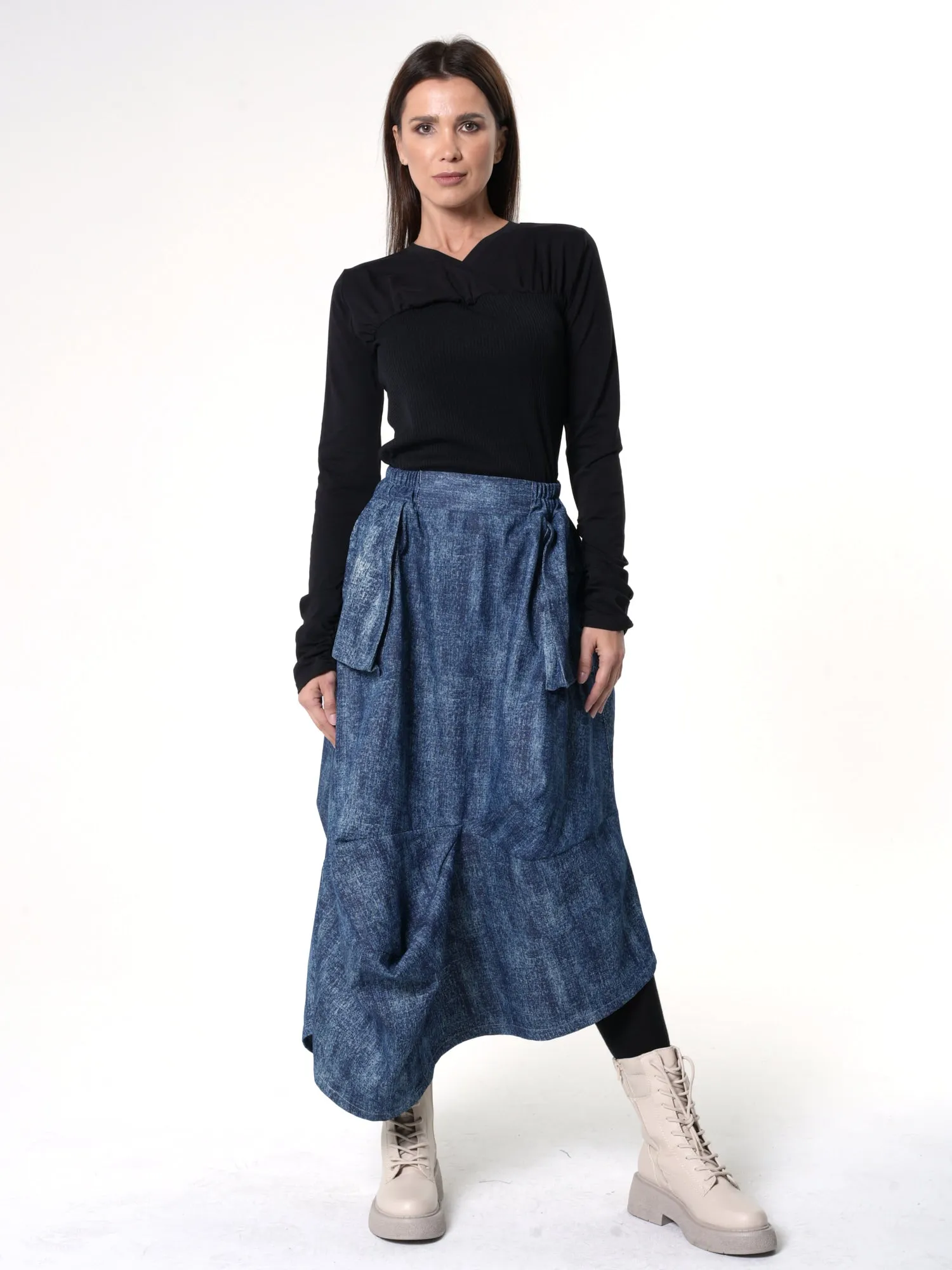 Denim Skirt with Draped Details