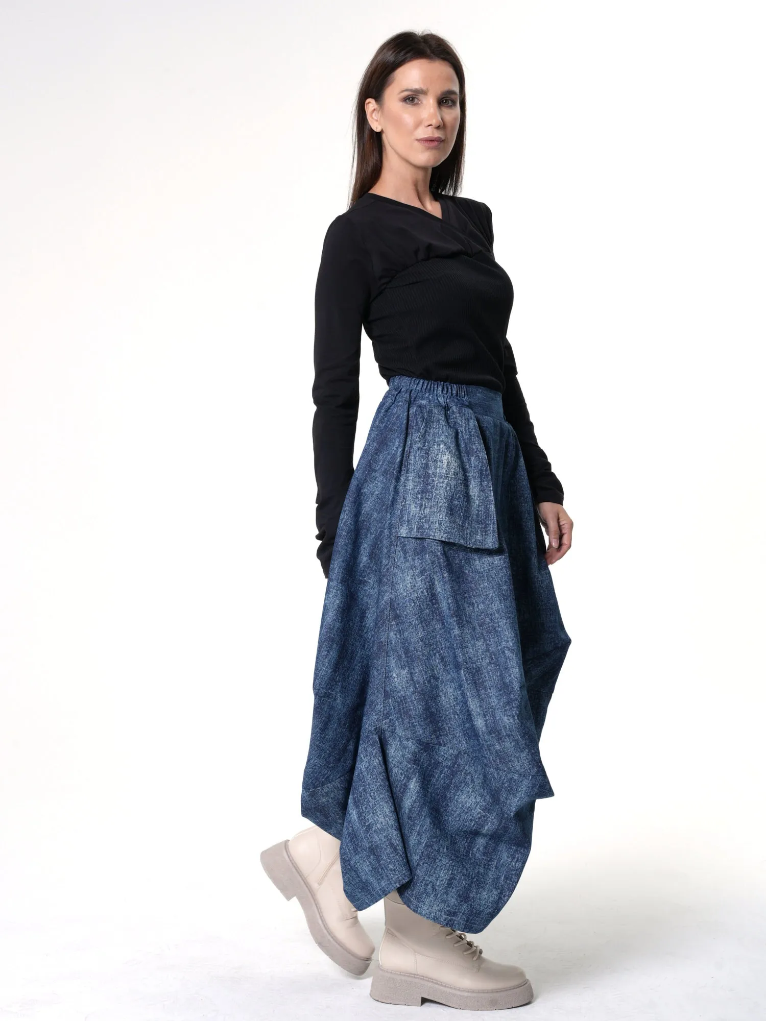 Denim Skirt with Draped Details