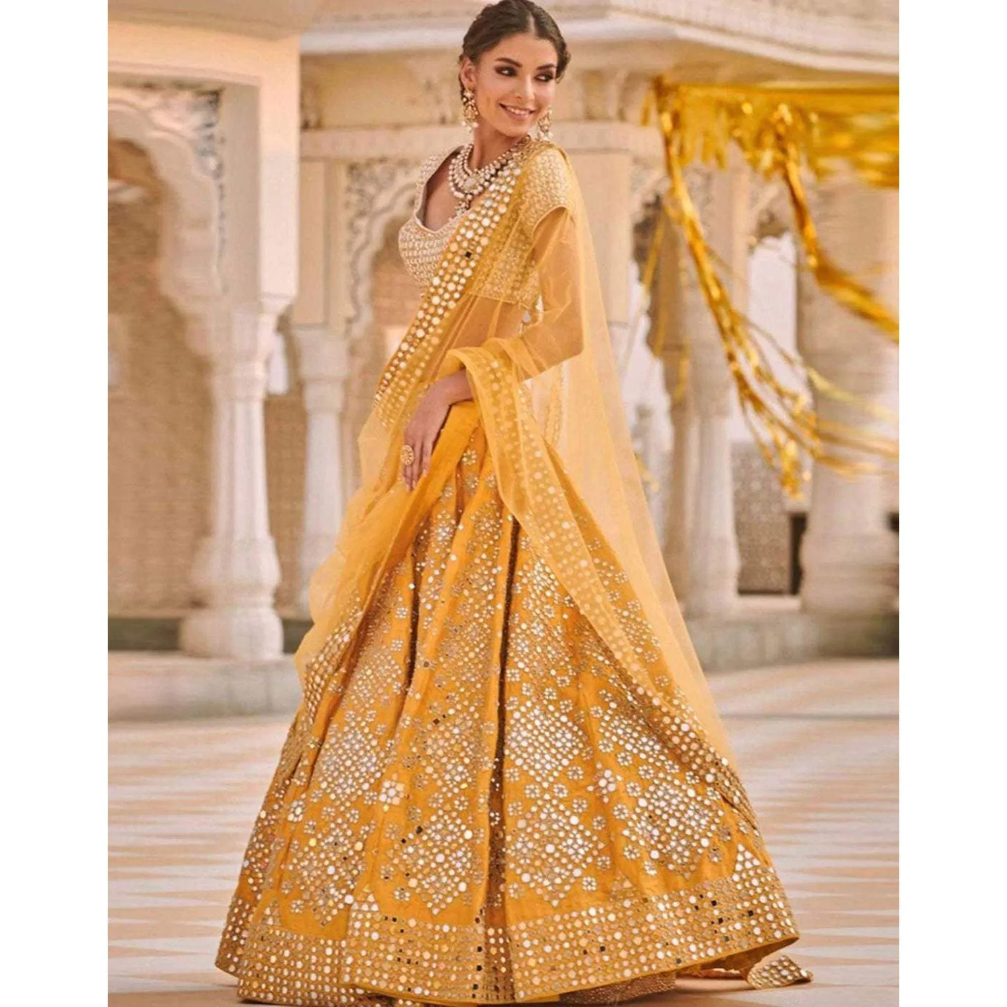 Designer Yellow Malai Silk Lehenga Choli with Heavy Embroidery and Mirror Work