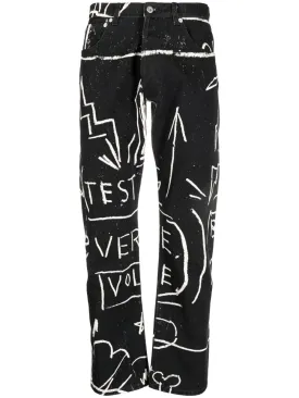 Doodle-Print Straight-Leg Trousers