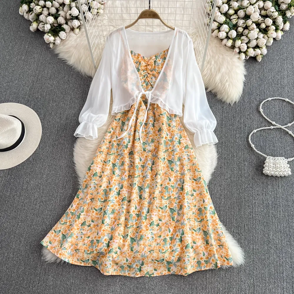 Fairy Chiffon Cardigan Sleeveless A Line Floral Dress Two Pieces Set 1584