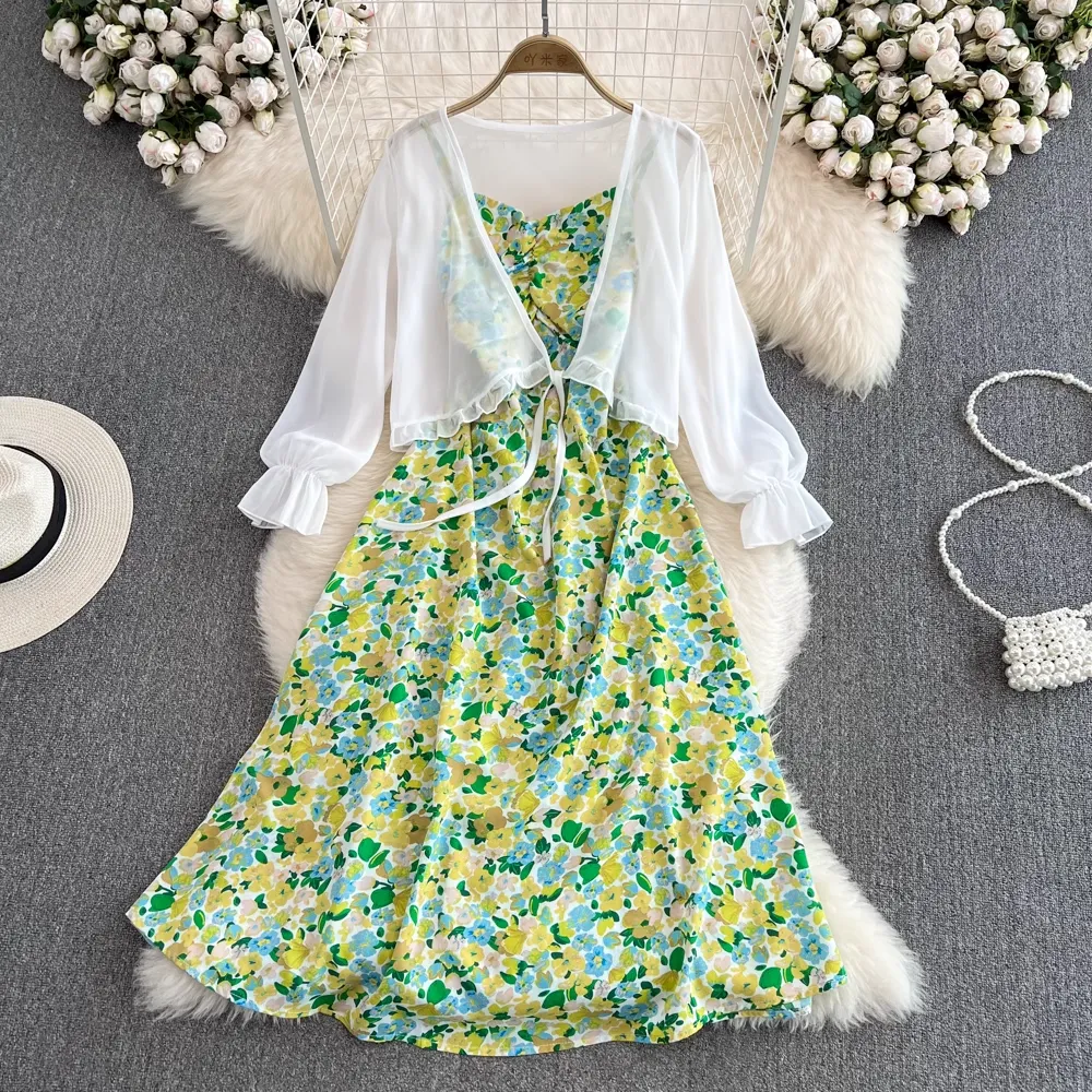 Fairy Chiffon Cardigan Sleeveless A Line Floral Dress Two Pieces Set 1584