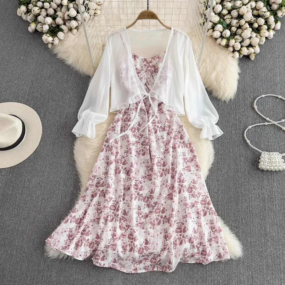 Fairy Chiffon Cardigan Sleeveless A Line Floral Dress Two Pieces Set 1584