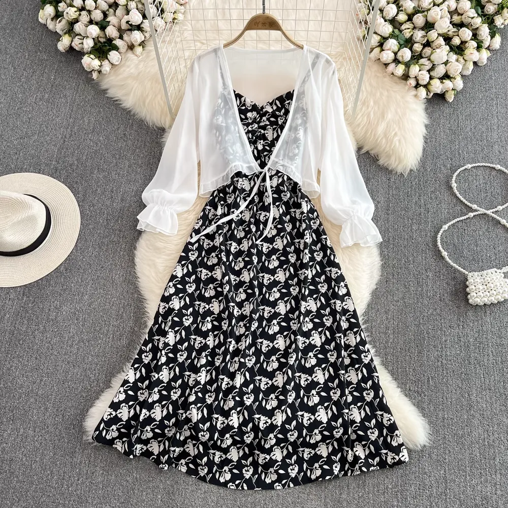 Fairy Chiffon Cardigan Sleeveless A Line Floral Dress Two Pieces Set 1584