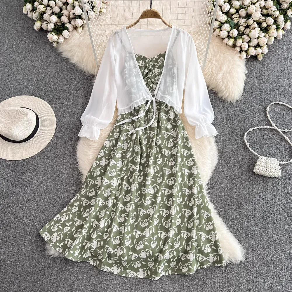 Fairy Chiffon Cardigan Sleeveless A Line Floral Dress Two Pieces Set 1584