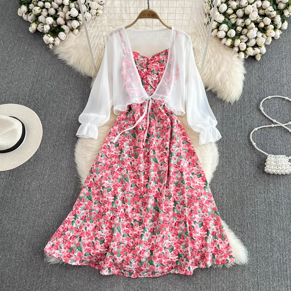 Fairy Chiffon Cardigan Sleeveless A Line Floral Dress Two Pieces Set 1584