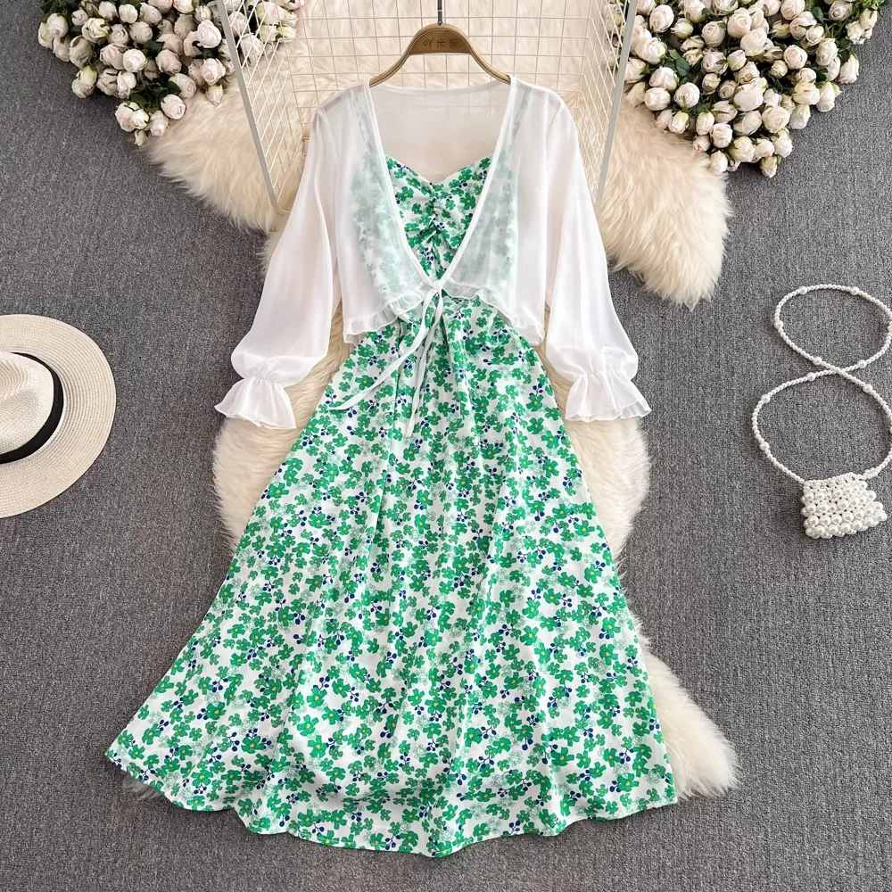 Fairy Chiffon Cardigan Sleeveless A Line Floral Dress Two Pieces Set 1584