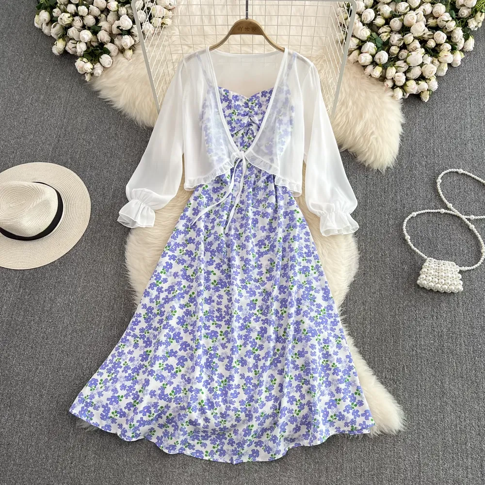 Fairy Chiffon Cardigan Sleeveless A Line Floral Dress Two Pieces Set 1584