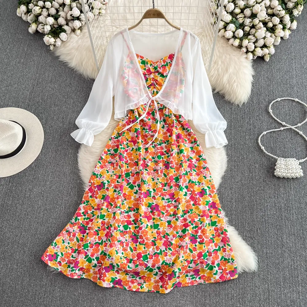 Fairy Chiffon Cardigan Sleeveless A Line Floral Dress Two Pieces Set 1584