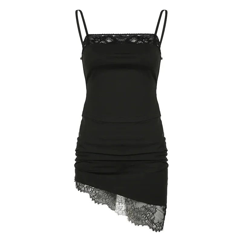 Fashion Skinny Sexy Two Pieces Set Female Clubwear Party Asymmetrical Crop Top  Mini Skirt Lace Patched Backless Hot