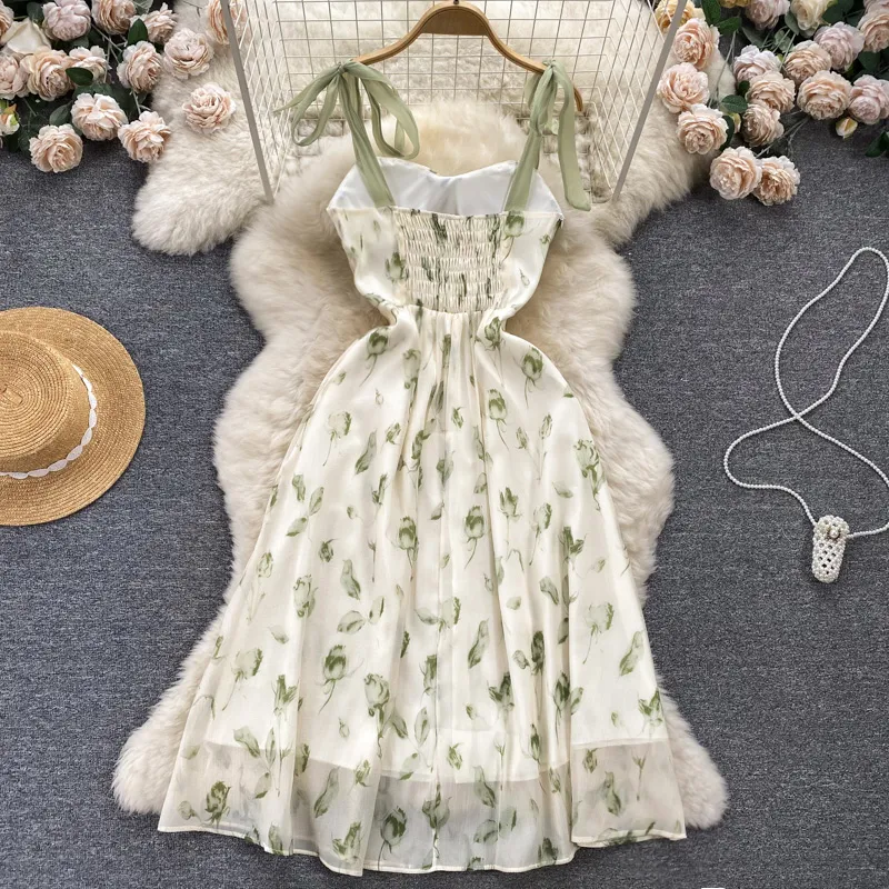 Floral Suspender Dress Summer A line Long Skirt 1137