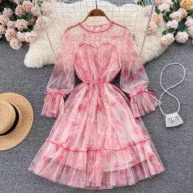 French Sweet Long Sleeves Dress Autumn Mesh Flora Princess Dress 1220