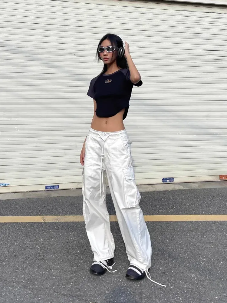 Girlary American White Spicy Girl Workwear Pants, Women'S Design Sense, Drawstring Pockets, Loose Fitting Wide Leg Casual Pants