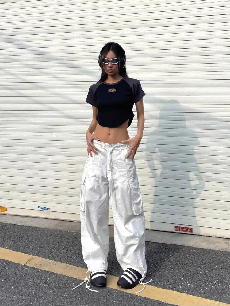 Girlary American White Spicy Girl Workwear Pants, Women'S Design Sense, Drawstring Pockets, Loose Fitting Wide Leg Casual Pants