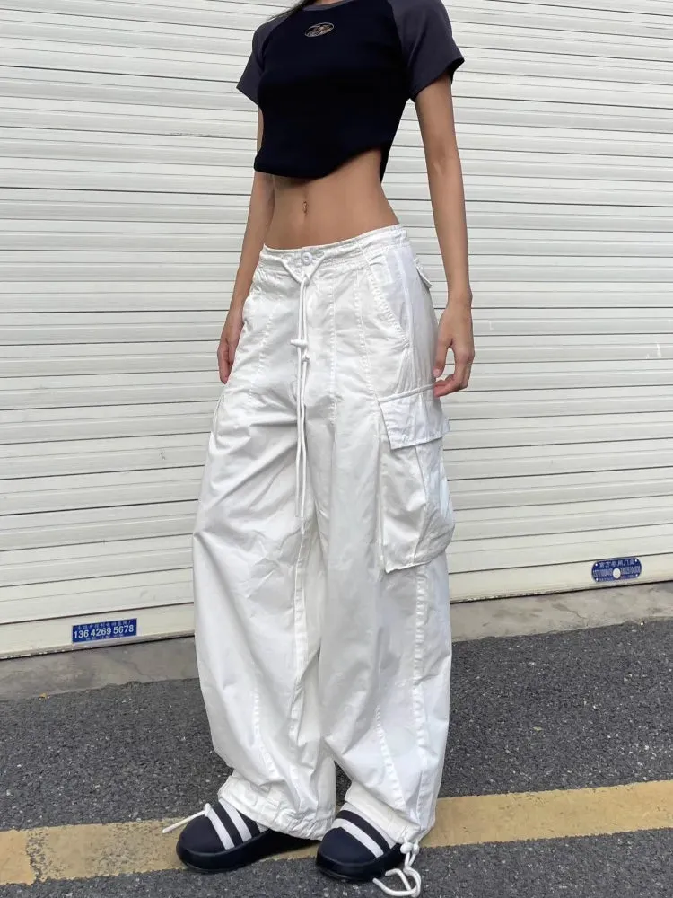 Girlary American White Spicy Girl Workwear Pants, Women'S Design Sense, Drawstring Pockets, Loose Fitting Wide Leg Casual Pants