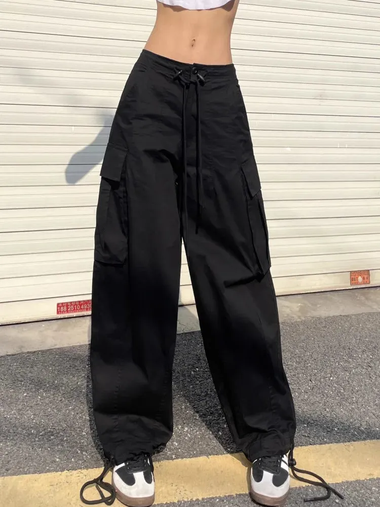 Girlary American White Spicy Girl Workwear Pants, Women'S Design Sense, Drawstring Pockets, Loose Fitting Wide Leg Casual Pants