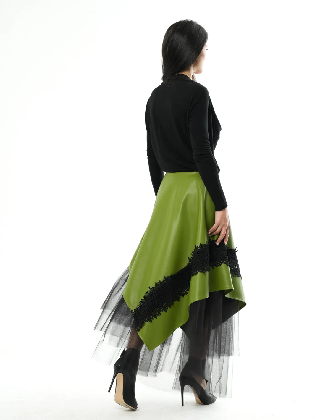 Green Vegan Leather Skirt with Black Tulle