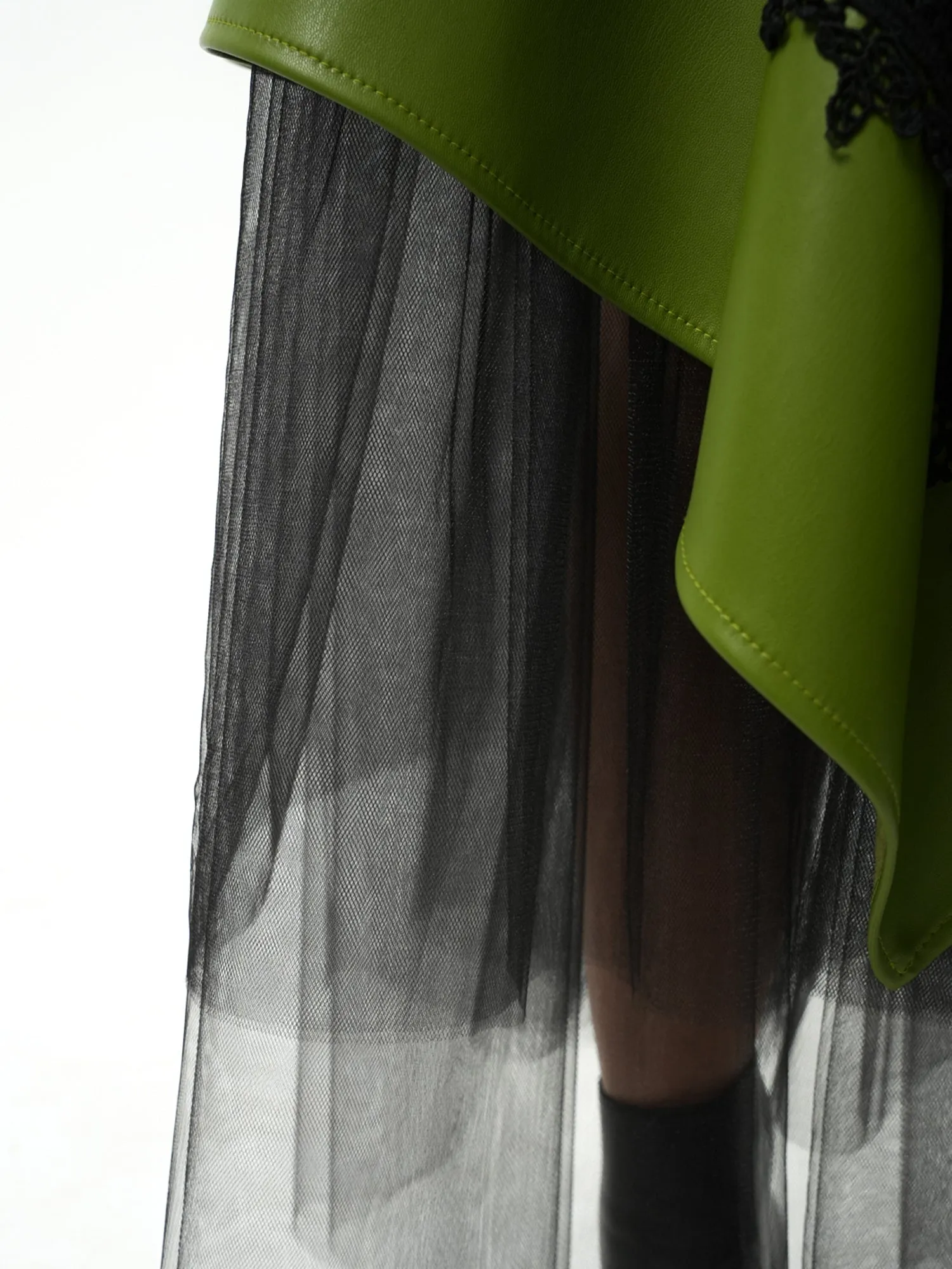 Green Vegan Leather Skirt with Black Tulle