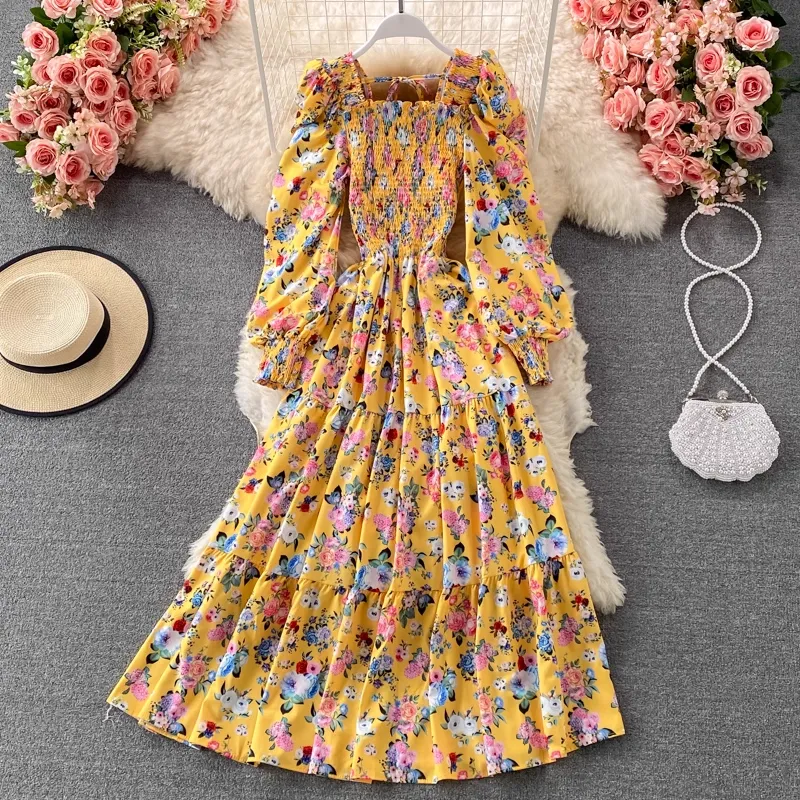 High Waist Floral Puff Sleeve Dress Summer Square Collar Long Sleeve Dress 1316