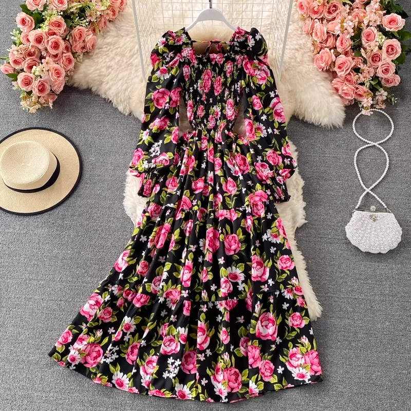 High Waist Floral Puff Sleeve Dress Summer Square Collar Long Sleeve Dress 1316