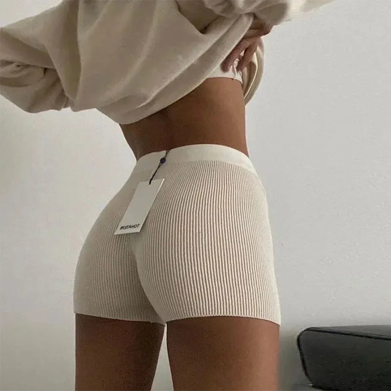 High Waist Stretched Summer Knitted Shorts Women Casual Mini Sexy Ribber Streetwear Basic Biker Shorts