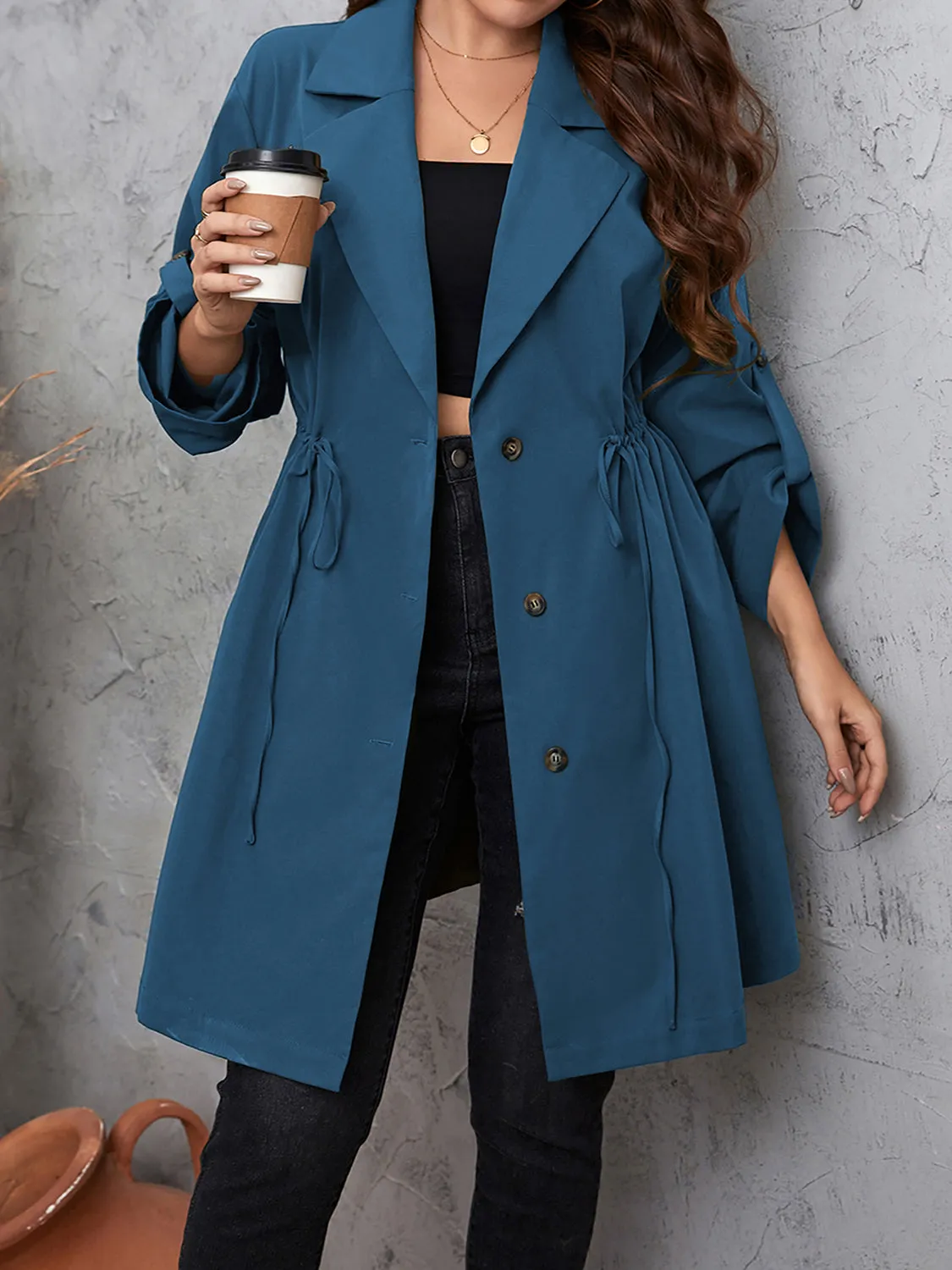 Honey Plus Size Lapel Collar Drawstring Roll-Tab Sleeve Trench Coat