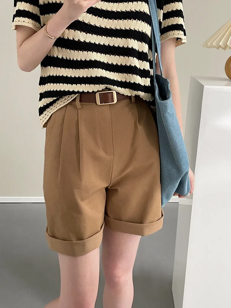 [Korean style] High Waist Pleated A-line Bermuda Shorts