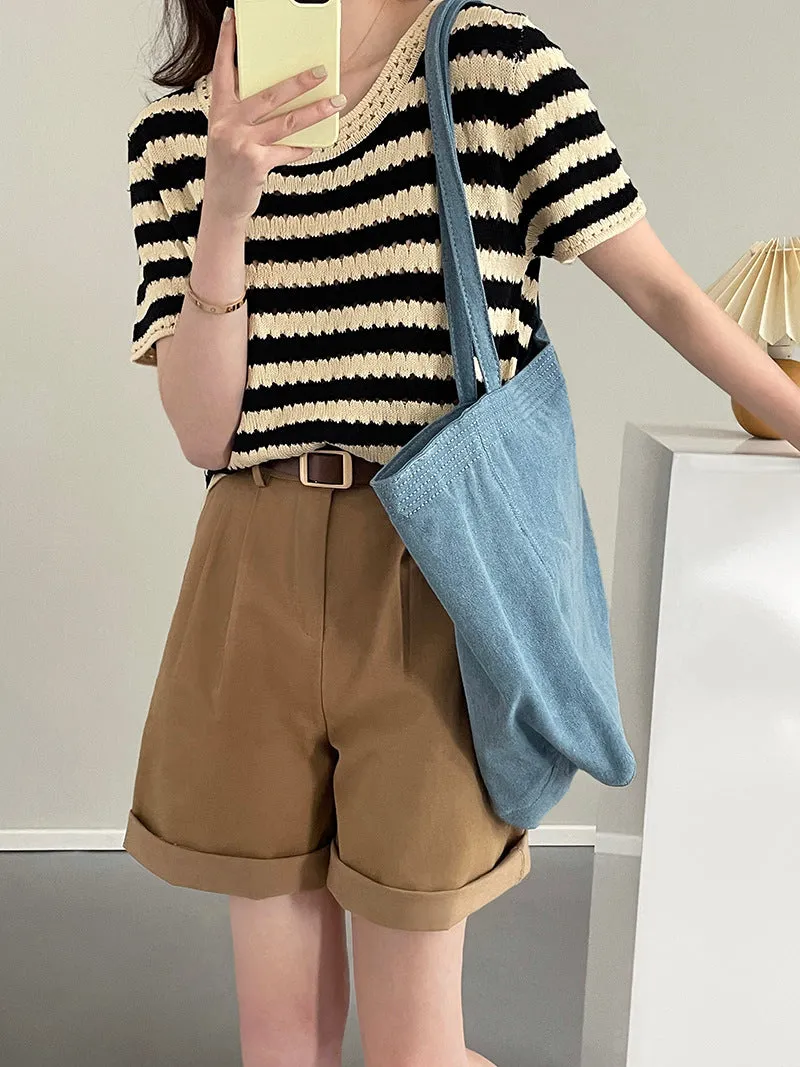 [Korean style] High Waist Pleated A-line Bermuda Shorts