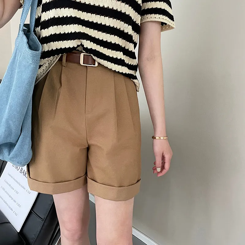 [Korean style] High Waist Pleated A-line Bermuda Shorts