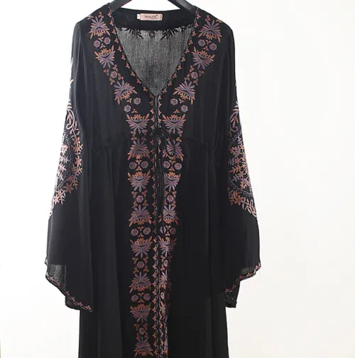 Long sleeve V-neck embroidered dress