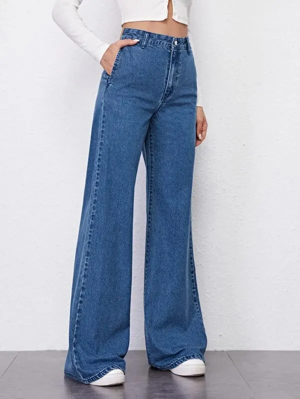 Navy Blue Fall Wide Leg High Rise Jeans